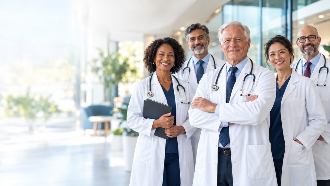 Lächelndes Team aus Ärztinnen und Ärzten in weißen Kitteln in einer hellen Klinikhalle